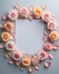 Blank White Paper Surrounded by Soft Pink Roses and Petals for Custom Wedding Invitations and Bridal Shower Cards Romantic Wallpaper Background