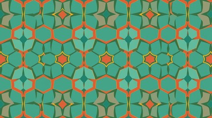Fototapeta premium Geometric seamless pattern composed of interlocking hexagons in shades of teal, coral, and gold, creating an Art Deco inspired design with a high level of detail and sharp lines, prese.