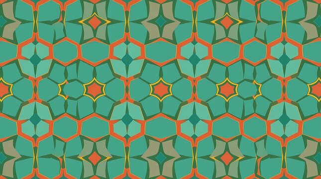 Geometric seamless pattern composed of interlocking hexagons in shades of teal, coral, and gold, creating an Art Deco inspired design with a high level of detail and sharp lines, prese.