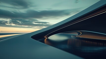 Futuristic architectural bridge structure over tranquil water reflecting a dramatic sky.