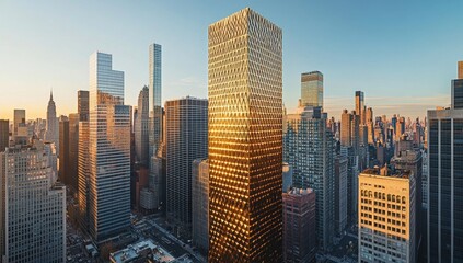 Obraz premium Golden NYC skyscraper at sunrise, urban cityscape