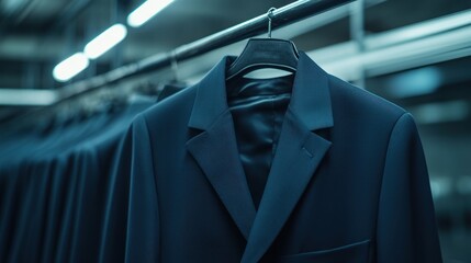 Tailored Suits Hanging in a Row, Dark Blue, Factory Setting