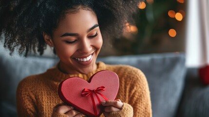 Radiant joy of african american woman receiving heart-shaped gift