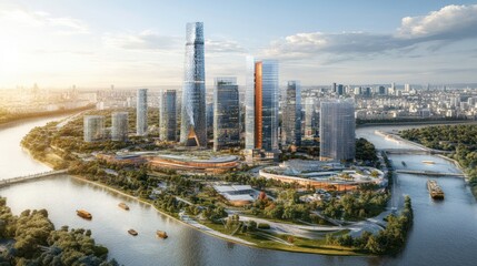 Fototapeta premium Modern Cityscape: Riverfront Development with Skyscrapers