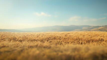 Fototapeta premium Golden wheat field stretches to a hazy mountain range under a bright sky.