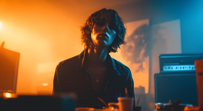 Young Person Illuminated By Warm And Cool Lighting