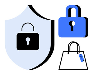 Lock on a shield symbol and another lock next to a shopping bag with price tag. Ideal for online security, privacy, digital protection, e-commerce safety, data encryption, secure transactions