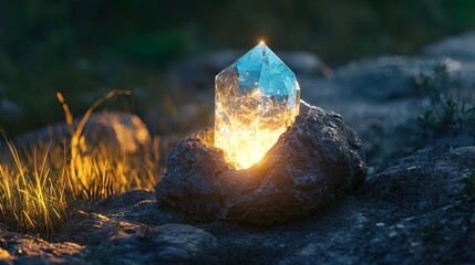 Illuminated crystal gemstone nestled within a rock formation, bathed in ethereal light.