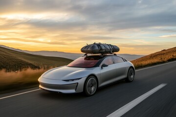 Obraz premium Modern electric car with roof cargo traveling on scenic highway at sunset in the mountains