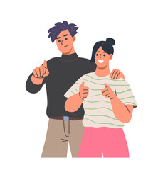 People pointing with finger. Positive smiling couple or friends showing something and making thumbs up gesture. Happy teens indicate with hand. Cartoon flat vector illustration isolated on background