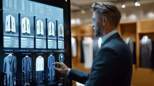 Stylish businessman customizing a suit on interactive digital touchscreen, touching a holographic projection and choosing colors and sizes in a futuristic clothing store