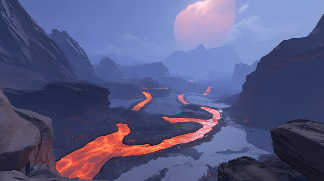 A breathtaking alien landscape. Glowing lava rivers wind through a desolate canyon, under a hazy, purplish sky and a large pink planet. Mountains loom in the distance.