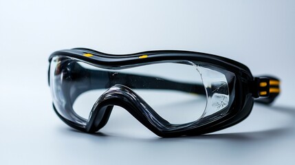 Isolated Pair Of Black Framed Safety Goggles With Clear Lenses And Yellow Accents