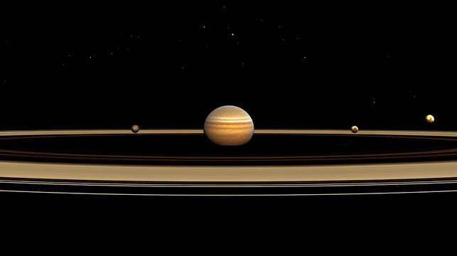 Stunning view of Saturn, its rings, and several moons. The planet's atmospheric bands are clearly visible against the black backdrop of space. A celestial masterpiece. - Powered by Adobe