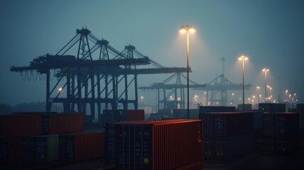 Fototapeta premium Crane Structures and Containers in Foggy Shipping Yard Scene