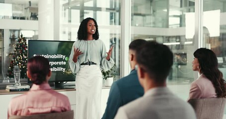 Business people, seminar and discussion with screen for sustainability, training or coaching as team. Speaker, technology and presentation as corporate responsibility, feedback or employee engagement