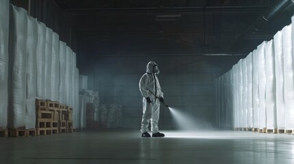 Worker in protective gear disinfects a storage facility at night to ensure safe conditions for products and staff