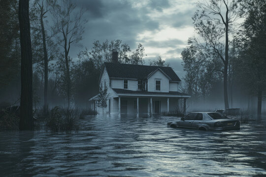 Flooded house in forest during storm - Powered by Adobe