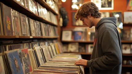 Young man browses vinyl records in a vintage record store looking for music