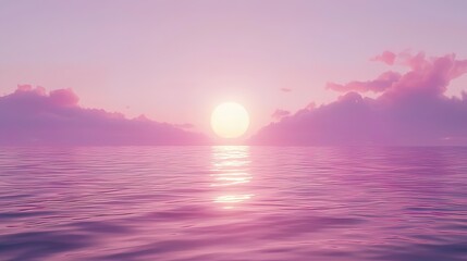 Peaceful, pastel pink sunset over calm ocean. Soft, diffused light reflecting on the water's surface.