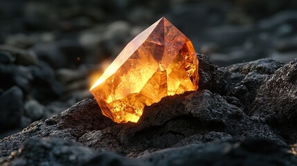 Radiant amber crystal embedded in dark volcanic rock.