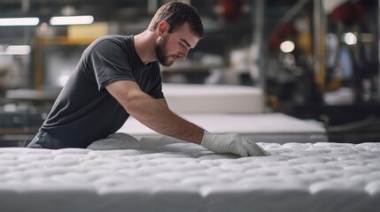Worker carefully inspecting mattress layers. Shows quality control in mattress manufacturing.