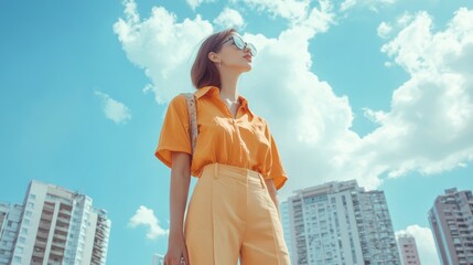 Woman in a stylish outfit poses confidently against a backdrop of bright blue skies and urban buildings