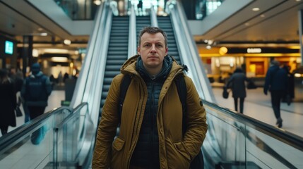 Fototapeta premium Man on Escalator in Modern Airport