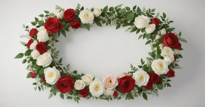 Elegant wreath of red and white roses with greenery accents on a white backdrop, elegant,  spring,  red