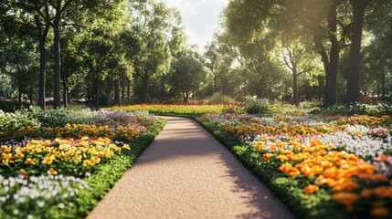 Lush flower path in a serene park surrounded by vibrant greenery during a sunny afternoon