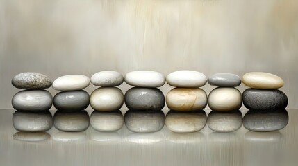 Stacked stones in a row, reflecting on a surface, creating a tranquil and balanced image.