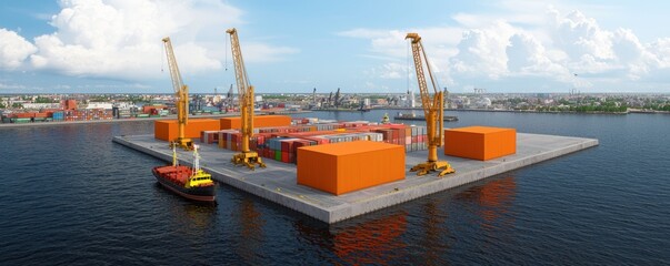 Shipping Port with Cranes and Container Ship on Calm Water