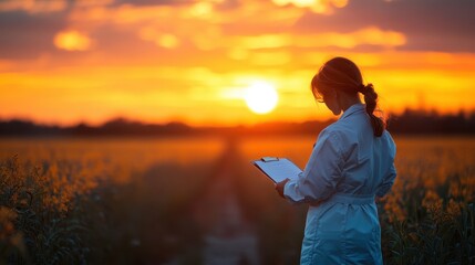 Fototapeta premium Woman in white coat reviews notes in a field at sunset. Illustrates agricultural research or field studies.