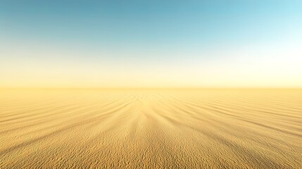 Fototapeta premium Vast desert landscape, golden sand, tranquil horizon, clear sky.
