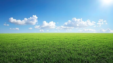 Vast field of vibrant green grass under a clear blue sky with puffy white clouds.