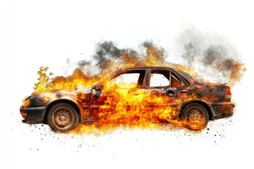 Burning car on white background; destruction; accident scene