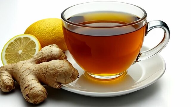 Ginger tea with lemon served in a clear cup alongside fresh ginger and lemon slices