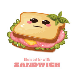 Cute kawaii sandwich with ham, cheese, and lettuce. Snack, fast food, breakfast. Isolated vector illustration. Perfect for Street Cafe, Restaurant menu, flyer, brochure, banner