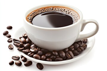 Freshly brewed coffee in white cup with coffee beans