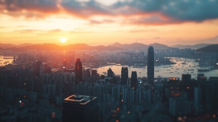 Obraz premium A stunning sunset over a bustling cityscape with mountains in the background.