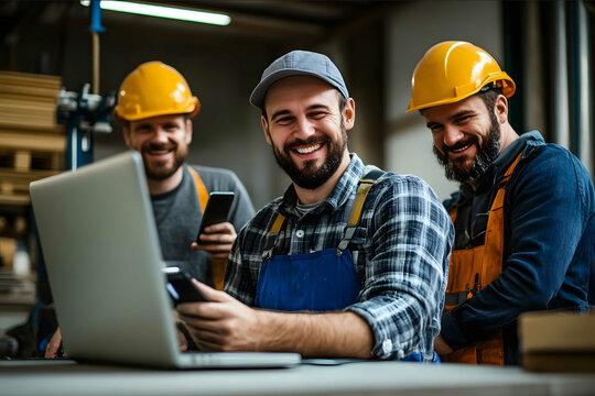 3 men one electrician one plumber and one carpenter all happy who are using a management software on a computer and cell phones