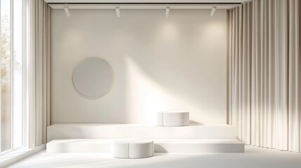 Minimalist White Interior Design Studio Mockup with Beige Curtains and Circular Mirror