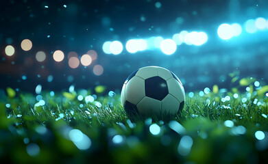 Naklejka premium An illuminated soccer ball rests on a vibrant green field, bathed in the soft glow of stadium lights, symbolizing hope and a thrilling competition