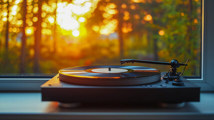 Obraz premium Turntable Vinyl Record Player on Window Sill at Sunset