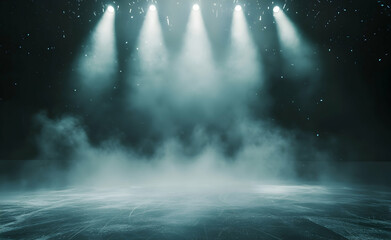 Naklejka premium Atmospheric Ice Arena, Evocative Stage Lighting and Misty Haze Creating a Dramatic Visual Narrative for Sporting or Performance Events