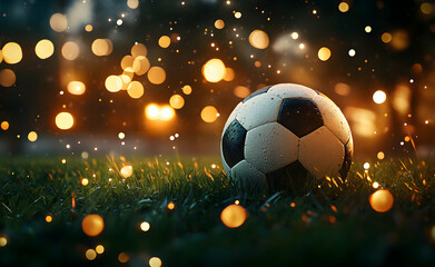 Fototapeta premium Awaiting the Whistle, A Classic Soccer Ball on Grassy Field Bathed in Dreamy, Warm Bokeh Lights, Evoking the Excitement and Anticipation of a Game
