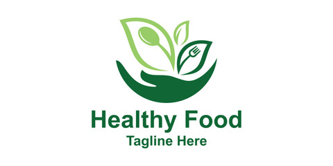 logo design combination of hand, leaf and spoon, logo for healthy food, nature, symbol, icon, idea, creative.