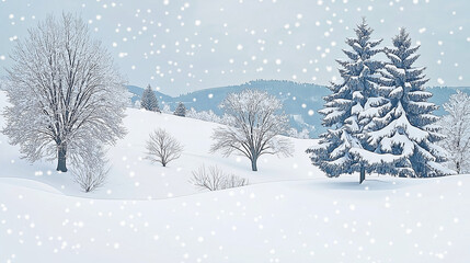 Fototapeta premium Scene Of Winter Snowscape, With Mountains And Trees Covered In Thick Layers Of Snow, Blue Sky With A Few White Clouds Scattered Around, Snowflakes Are Falling On The Surface