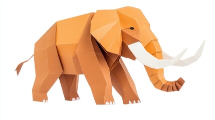 A stylized origami elephant made of orange paper with white tusks.