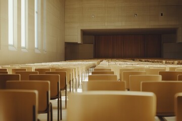 Fototapeta premium Empty beige chairs fill a large hall with a wooden stage. Perfect for concepts of education, lectures, or presentations.